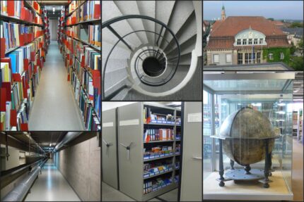 Collage an verschiedenen Eindrücken aus der alten und neuen Universitätbibliothek der FAU.
