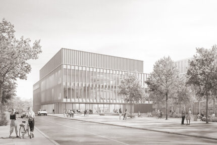 scxhwarz-weiß-bild eines modernen Gebäudes.