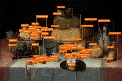 Ein Gemälde eines Stillebens mit verschiedenen Nahrungsmitteln. Diese sind digital gemarkert.